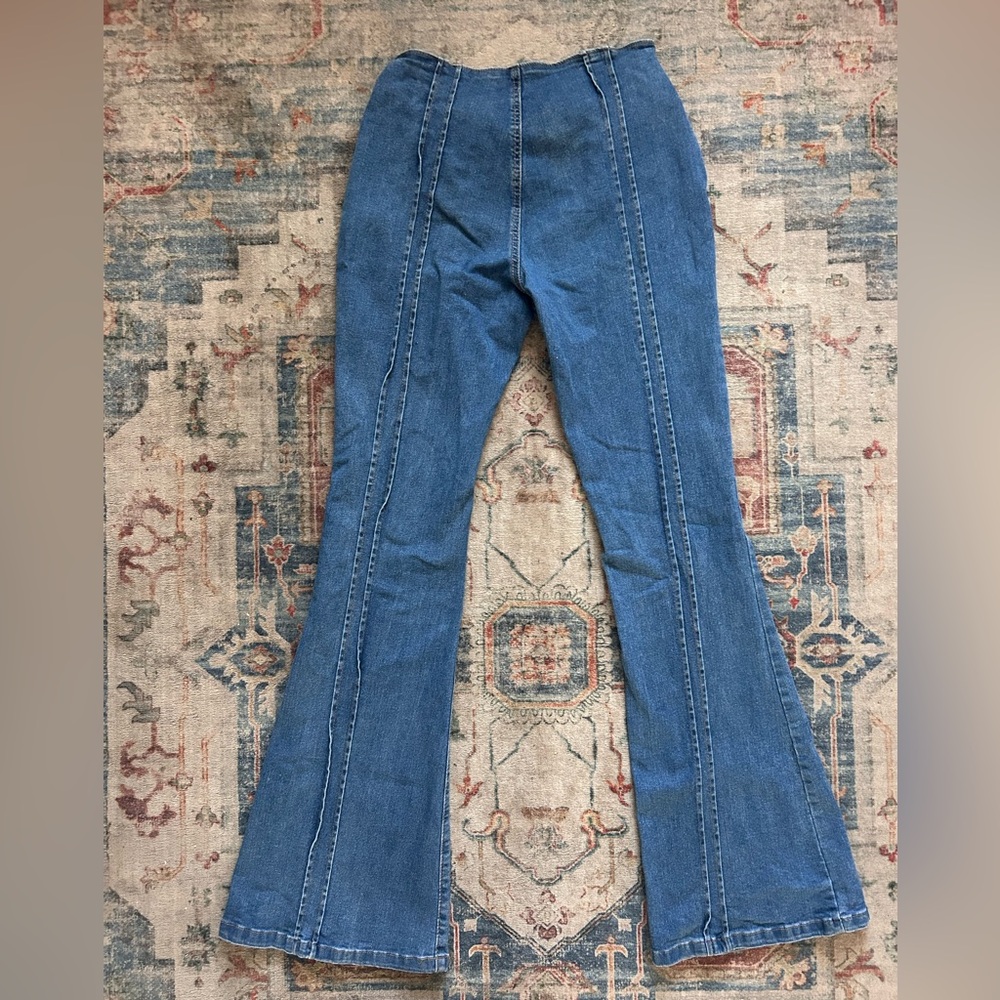 SOLD Wide Leg Flared Bell Bottom Denim Jeans Pants w Bows Low Rise Boho Preppy - Picture 8 of 9